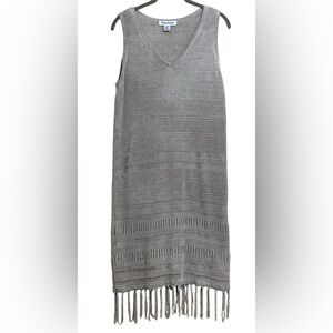Tommy Bahama Gray Linen Pointelle Fringed Sweater Dress in Gray Size Large.
